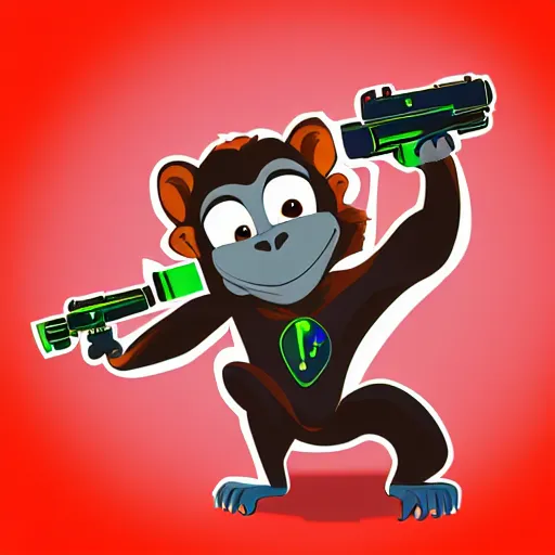 Image similar to “ logo of a monkey in the style of zootopia holding laser gun, with a black background, digital art, award winning, trending on art station, retro style ”