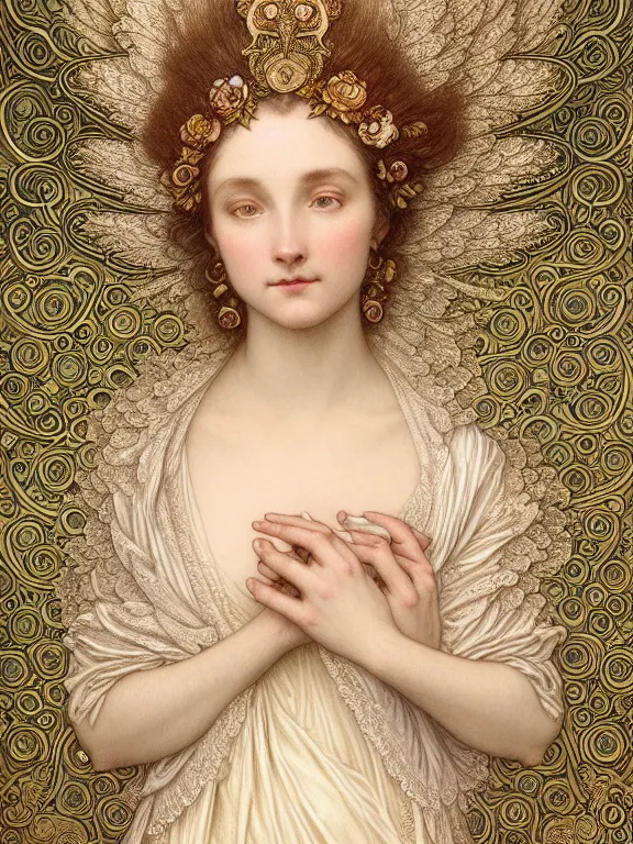 Image similar to Gustave dore and Mucha beautiful maiden ivory mask intricate ornate wings fractal-lace iridescent gemstone wearing ivory rococo dress, ivory gold, iridescent highlights, full view, soft lighting, vivid, Hyperdetailed, 4k hd matte painting by Artgerm, Kelly McKernan, Marc Simonetti, Klimt, Moebius, James Jean, 8k resolution, enchanting and otherworldly, Artstation, CGsociety, detailed, front view