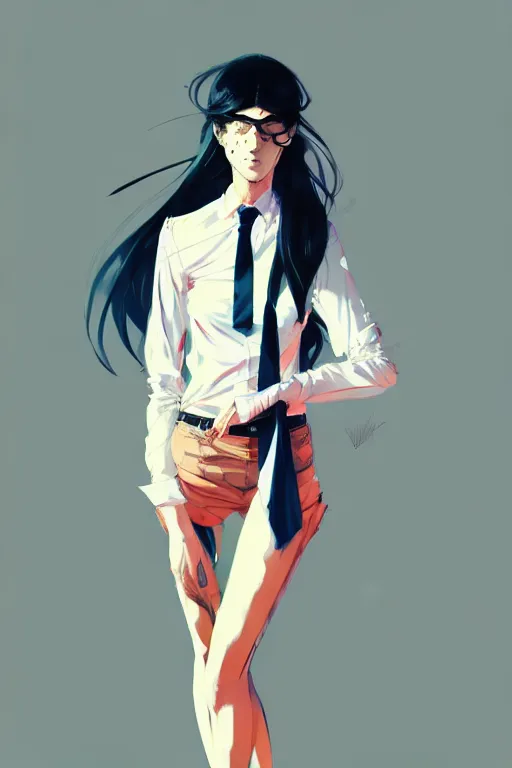 Image similar to a ultradetailed full body portrait of a woman dressed in a white shirt with a tie, by conrad roset, greg rutkowski and makoto shinkai trending on artstation