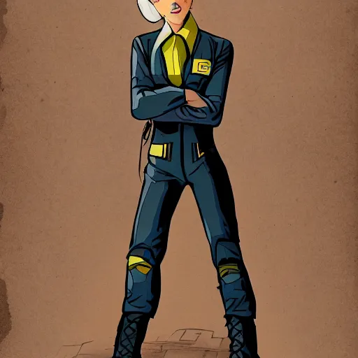 Image similar to character concept art of stoic heroic emotionless handsome blond butch tomboy woman with very short slicked-back hair, in atompunk jumpsuit and boots, science fiction, atompunk, illustration