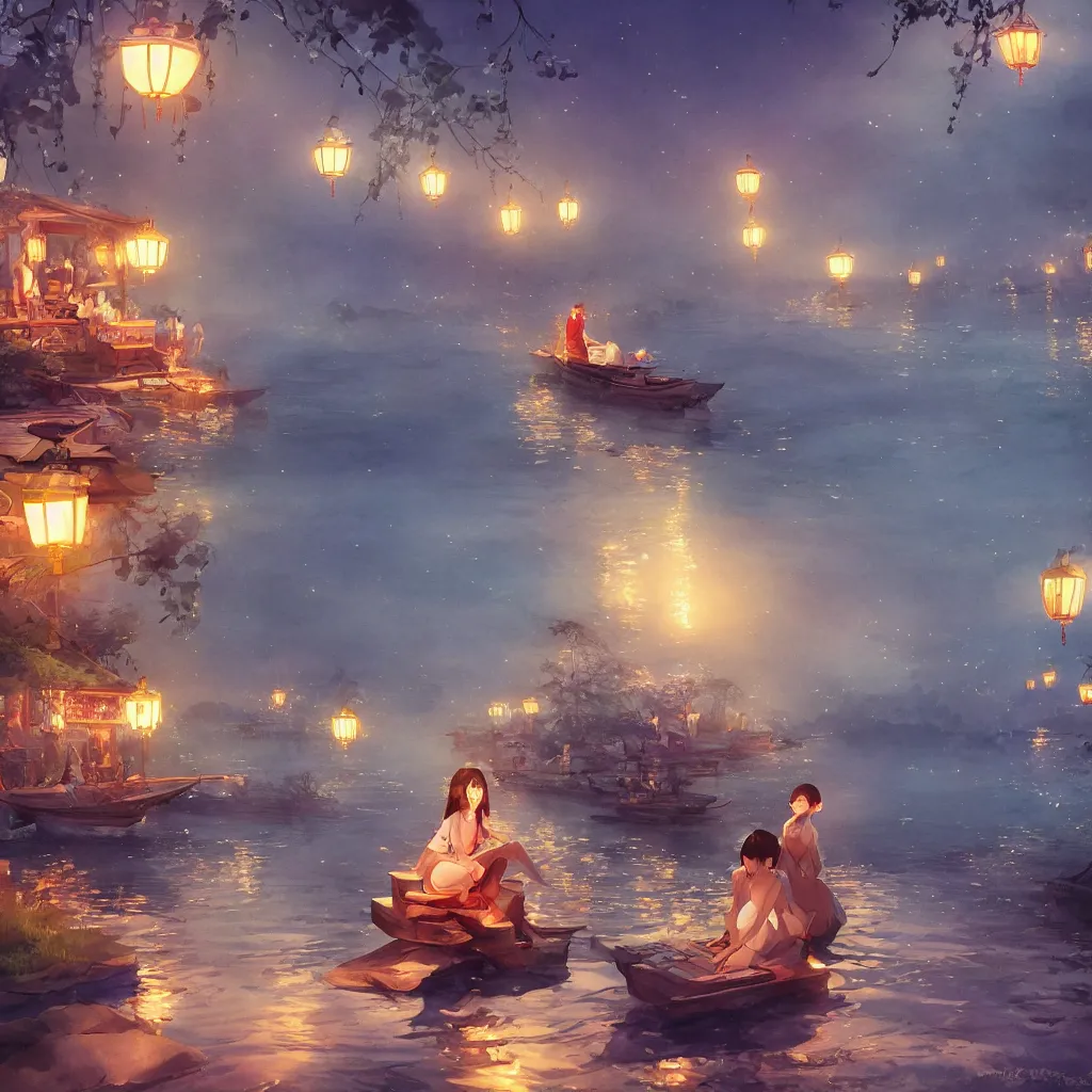 Prompt: grand river lantern festival photo, a beautiful girl is sitting on the boat, chinese watercolor style, trending on artstation, global illumination, radiant light, night lighting, fantasy art by makoto shinkai,, highly detailed and intricate environment, 8 k