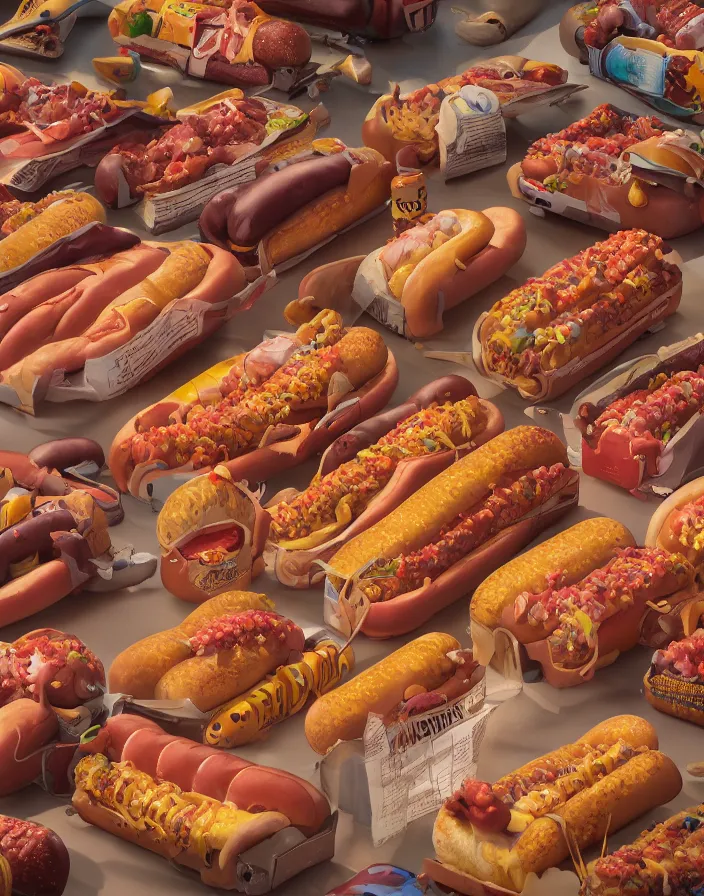 Image similar to wall of hot dogs. intricate artwork by Tooth | Wu wlop | beeple and dan mumford and greg rutkowski. halo. octane render cinematic hyper realism octane render 8k depth of field bokeh. iridescent accents.