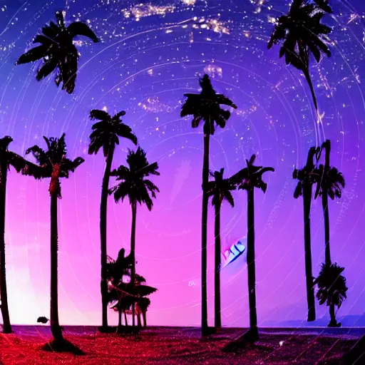 Image similar to dreamy wistful oasis whimsical purple pink blue calm nighttime stars palm tree lush