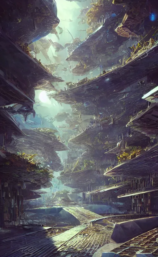 Image similar to space utopia where the path ways are filled with fauna, intricate building design, dynamic lighting, photorealistic fantasy concept art, trending on art station, stunning visuals, creative, cinematic, ultra detailed, ray tracing, sun rays