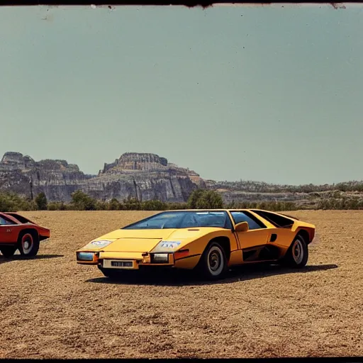 Image similar to lamborghini countach in a wild west town, cowboys, horses, saloon, 1 9 th century daguerrotype