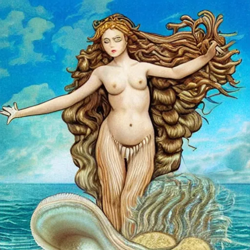 Image similar to The computer art depicts the moment when the goddess Venus is born from the sea. She is shown standing on a giant clam shell, with her long, flowing hair blowing in the wind. The computer art is full of light and color, and Venus looks like she is about to step into a beautiful, bright future. Aaahh!!! Real Monsters, Harry Potter by Raina Telgemeier doom