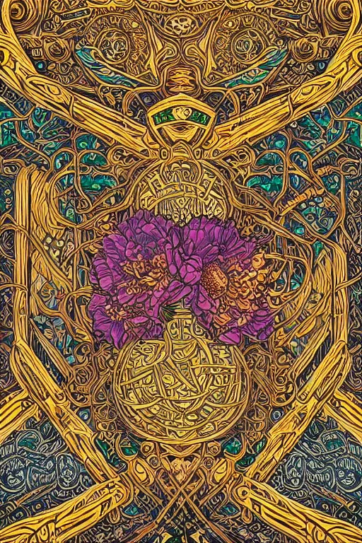 Image similar to a intricate background design with rune stones and emeralds, flowers and golden linework by dan mumford, atomic stars, digital art, photorealistic, vivid colors, highly detailed, intricate