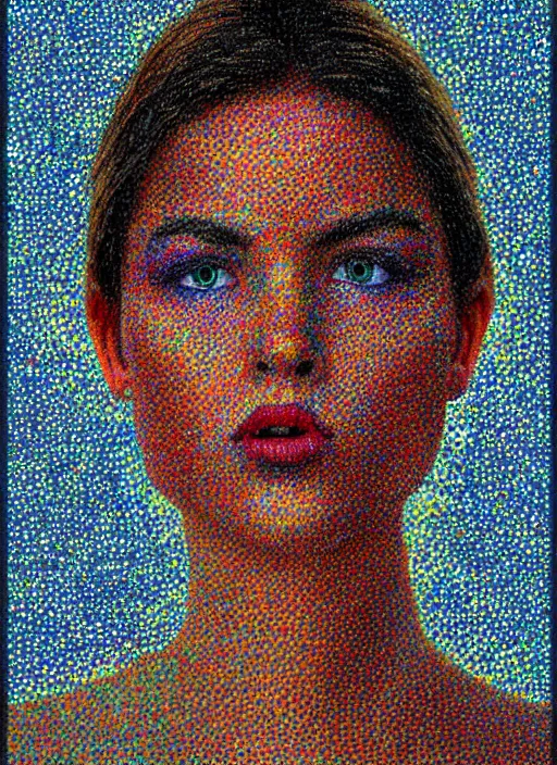 Image similar to a beautiful detailed pointillism art illustration of a girl in the face biting her lip, centered, by chuck close and rostislaw tsarenko, trending on artstation, vivid colors, dim dusk lighting, cinematic lighting, detailed lighting, volumetric lighting, realistic, f 8, 4 k hd wallpaper