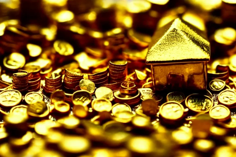 Image similar to a house, made of gold, under construction, tiny men working, with piles of coins around it