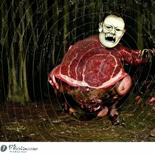 Image similar to big fat butcher with a scary face chops a piece of meat on the stump in a dark forest, old photo, scary, creepy, terrible atmosphere