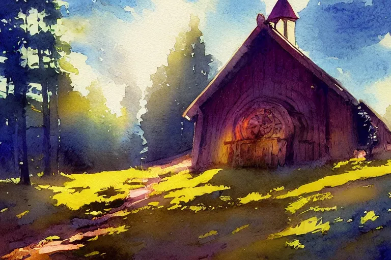 Prompt: small centered on watercolor paper, paint brush strokes, abstract watercolor painting of traditional scandinavian wooden church, viking house, translucent leaves, cinematic light, national romanticism by hans dahl, by jesper ejsing, by anders zorn, by greg rutkowski, by greg manchess, by tyler edlin