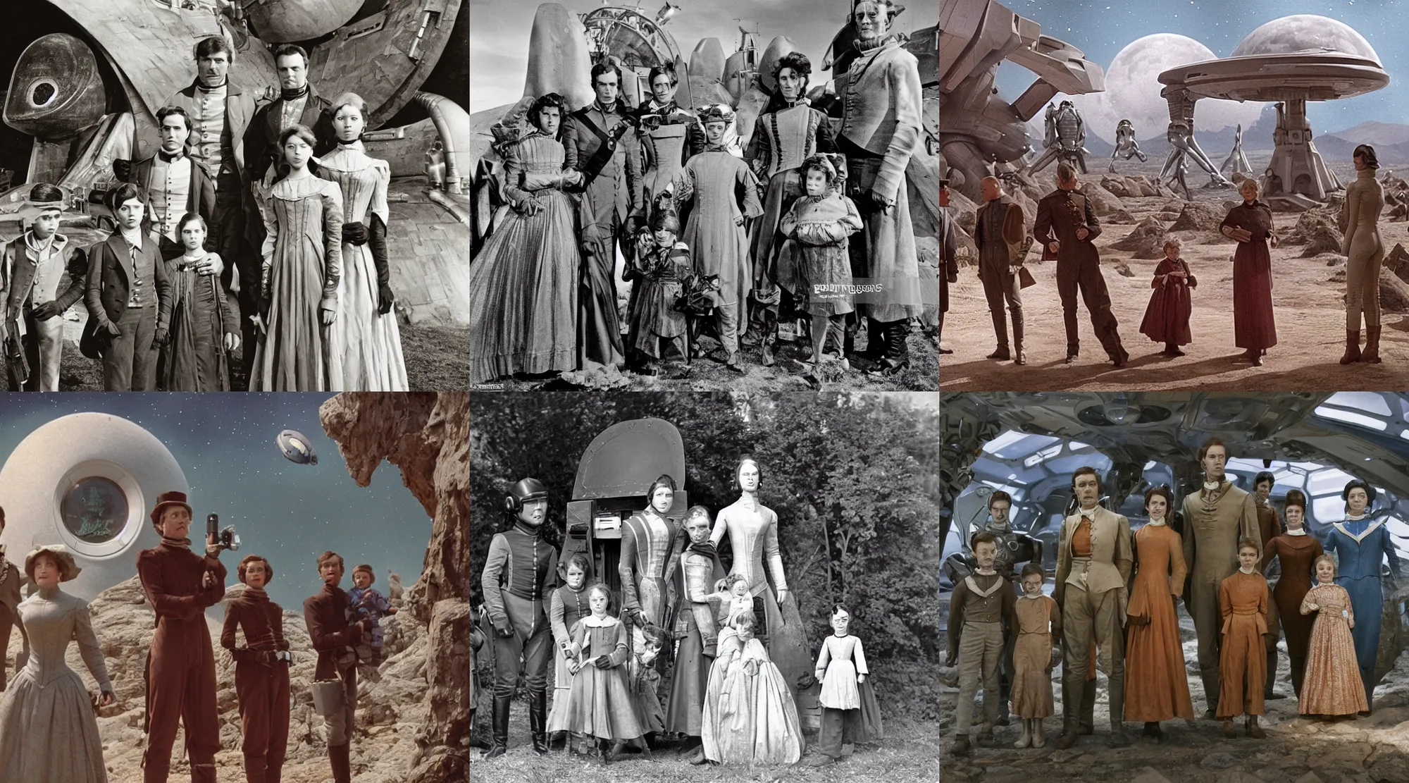 Prompt: sharp, detailed, 256k film still from a sci fi blockbuster color movie made in 3022, set in 1860, of a family standing in front of a spaceship that has just landed on an alien planet, a humanoid alien creature stands nearby, the family are all wearing 1850s era clothes, cinematic lighting, good photography, sharp focus