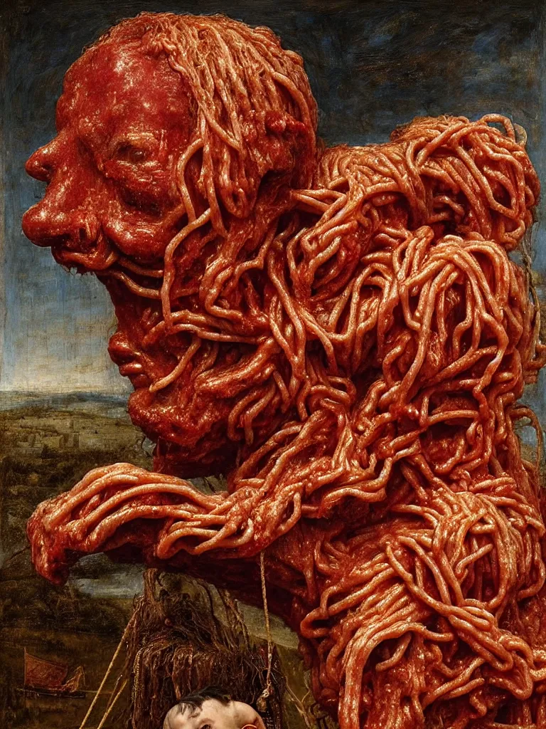 Image similar to a boy made of spaghetti and tomato sauce, sitting on top of a horse made of meat, by giuseppe arcimboldo and ambrosius benson, renaissance, intricate and intense oil paint, a touch of beksinski and hr giger and edward munch, realistic