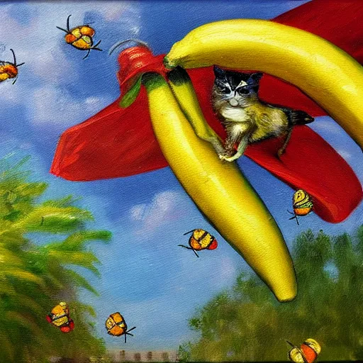 Image similar to oil painting impressionist stopwatch and banana flying through the air, ( bugs buzzing around ), whimsical, detailed,