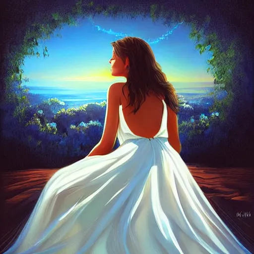 Prompt: a painting of a woman in a white dress pondering life as she watches the sun set, an airbrush painting by rhads, deviantart, fantasy art, sunrays shine upon it, deviantart, mystical