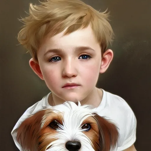 Prompt: a cute three year old boy with short straight blonde hair with a very cute wire haired jack russell terrier puppy, white with brown patches over both eyes. detailed, high quality painting by artgerm and greg rutkowski and alphonse mucha