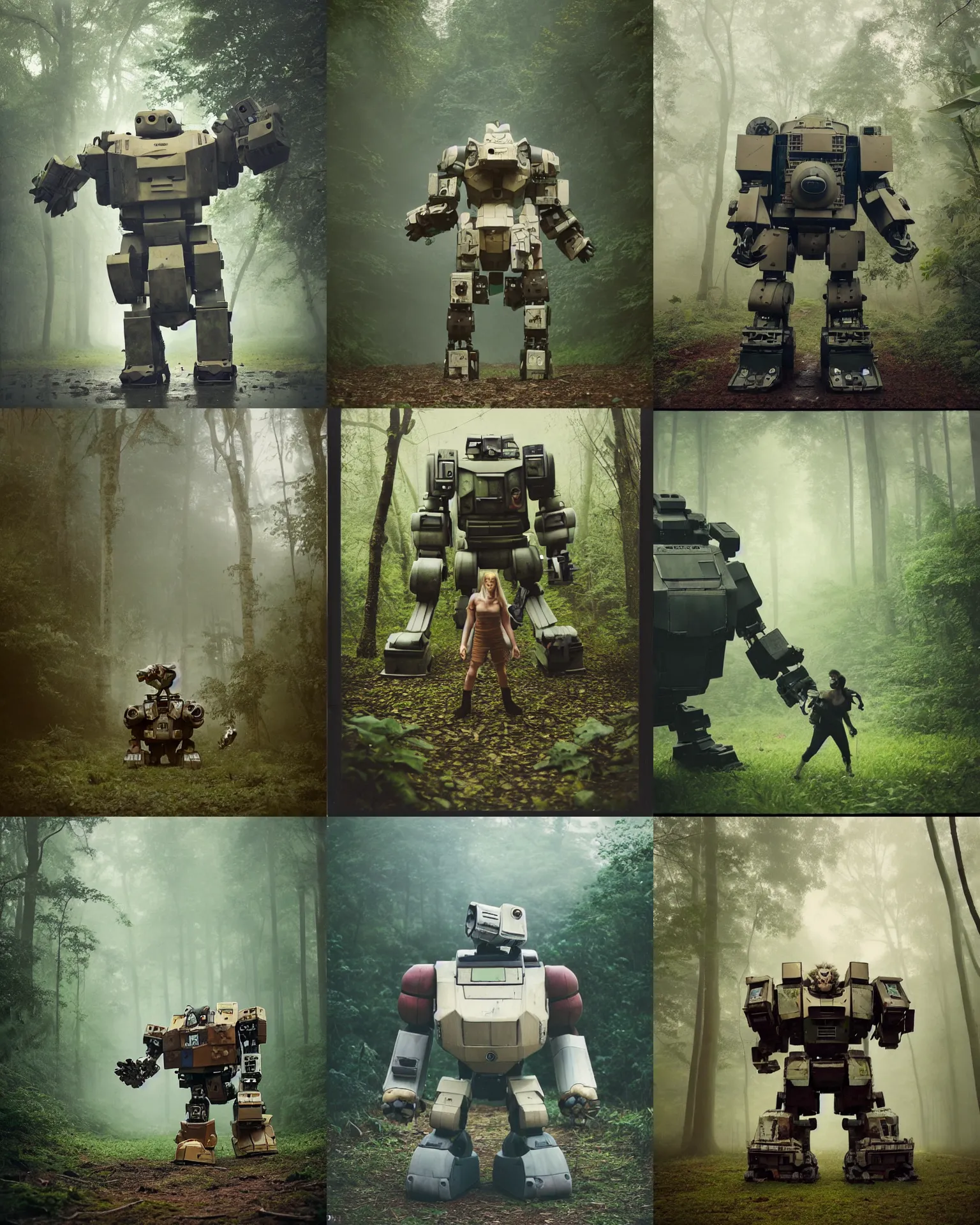Prompt: dynamic action pose !!! giant oversized battle lion chubby robot mech , on a jungle forest , full body , Cinematic focus, Polaroid photo, vintage , neutral dull colors, foggy mist , by oleg oprisco , by victor enrich , by gregory crewdson