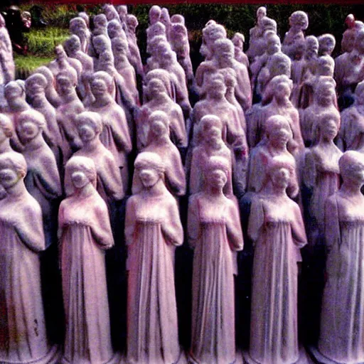 Prompt: Beautiful colored-photo cameraphone 2005 soft liminal Photograph of army of statues