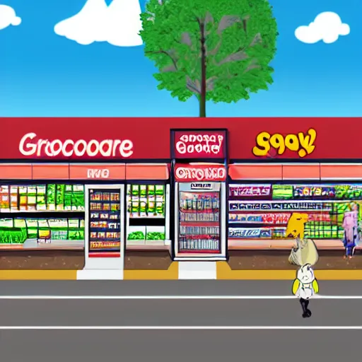 Image similar to an incredibly realistically drawn grocery store with a giant fat cartoon rabbit scp inside.