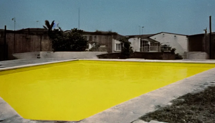 Image similar to 1 9 6 0 s movie still of empty yellow tiles swimmingpool, low quality, liminal space style