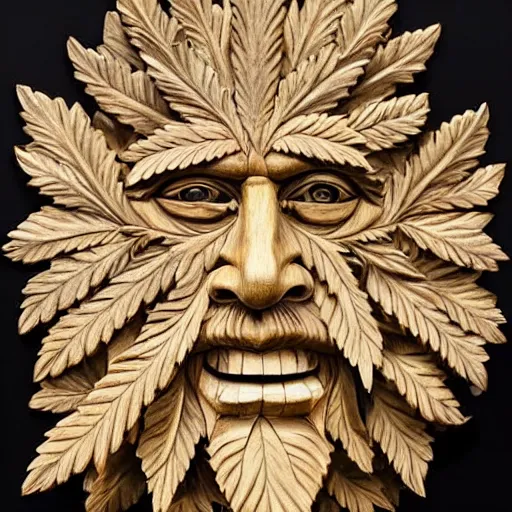 Image similar to highly detailed wood carving depicting the face of the green man, as if made of cannabis leaves