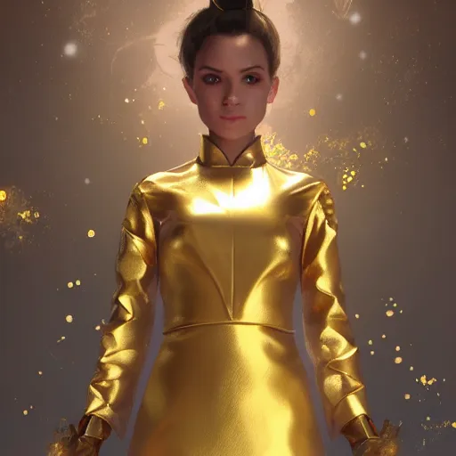 Prompt: a magical girl with gold magical suit, digital art, 8 k resolution, unreal engine, highly detailed, pretty face, very beautiful face, mystical atmosphere, trending on artstation, greg rutkowski