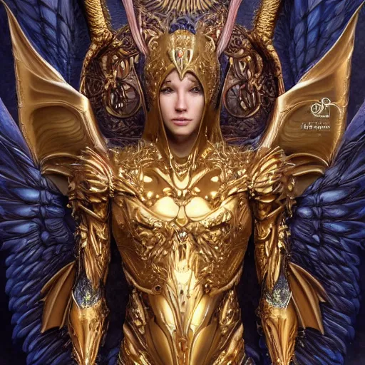 Image similar to a symmetrical muscular full body wearing a dragon armor with wings made of golden ornaments and gems, by alex gray and android jones , Karol Bak, Ayami Kojima, Amano , concept art, character design, fantasy,3D, 8k resolution