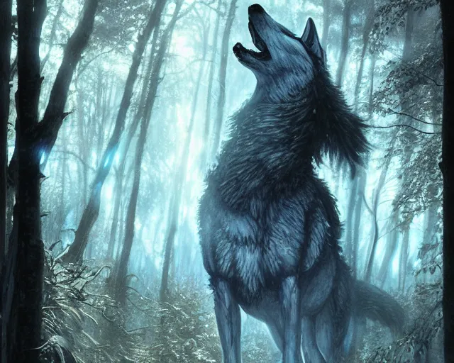 Prompt: 5 5 mm portrait photo of an armored holy wolf with blue glowing eyes and looking at the camera, flooded in holy lights, in a magical forest. magical atmosphere. art by greg rutkowski and luis royo. highly detailed 8 k. intricate. lifelike. soft light. nikon d 8 5 0.