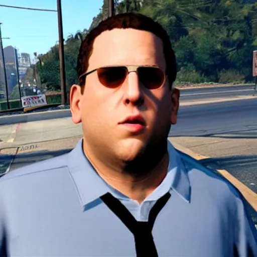 Prompt: jonah hill as a gta v character, wide shot