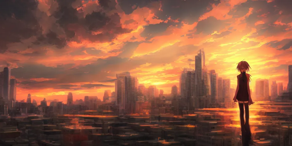 Prompt: a beautiful anime style sunset in the city with peoples ultra realistic, highly detailed, sharp focus, cinematic lighting, mood lighting, realistic, vivid colors, painting, photorealistic, digital art, non blurry, sharp, smooth, illustration, 4 k, artstation,