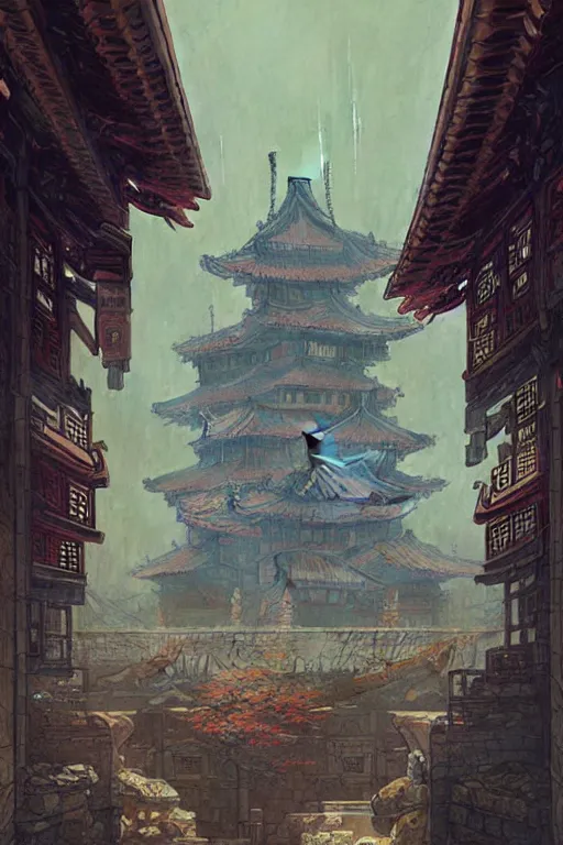 Prompt: cyberpunk Korean ancient castle, fantasy, painting by greg rutkowski and alphonse mucha
