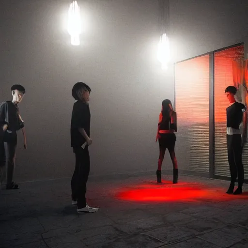 Prompt: a tiny nightclub with a few red chinese lanterns, a couple of modern subculture teenagers standing and talking to each other, wearing black modern clothes, designed by rick owens, hyperrealistic, extremely lifelike attributes & lifelike texture, hyperdetailed, colorful, by gregory crewdson