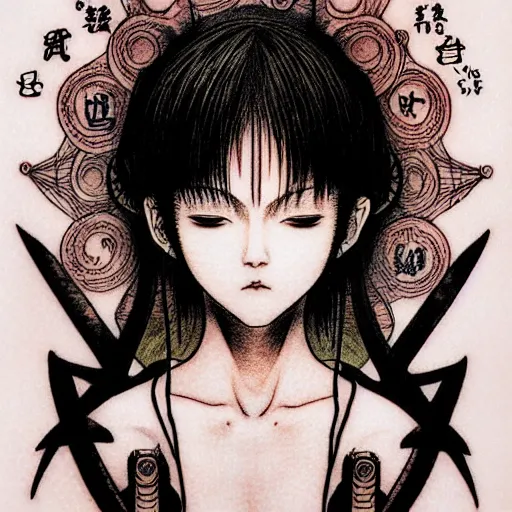 Image similar to prompt: Fragile looking character soft light portrait face drawn by Takato Yamamoto and Katsuhiro Otomo, tattooed face, facial hieroglyph tattoos , inspired by Akira 1988 anime, alchemical objects on the side, soft light, intricate detail, intricate gouache painting detail, sharp high detail, manga and anime 2010