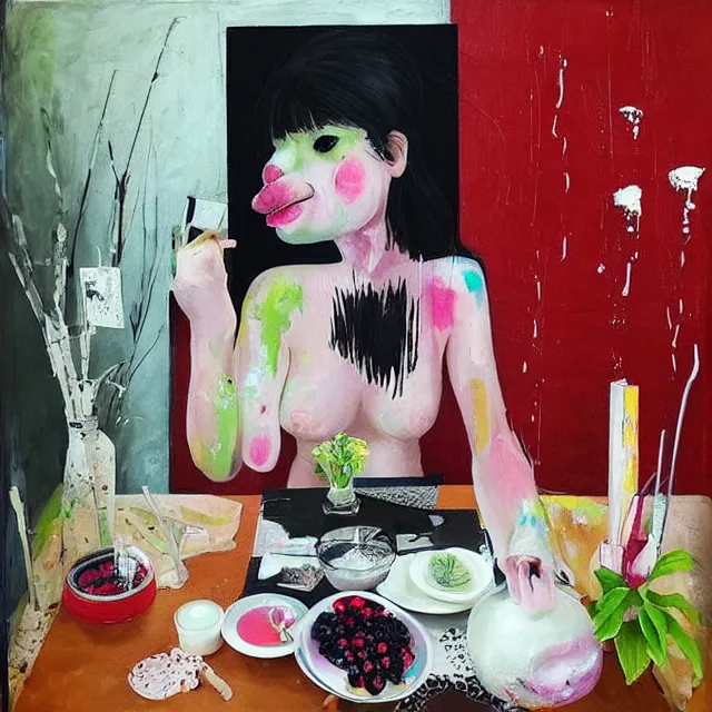 Image similar to “ a portrait in a female art student ’ s apartment, sensual, a pig theme, art supplies, paint tubes, ikebana, herbs, a candle dripping white wax, black walls, squashed berries, berry juice drips, acrylic and spray paint and oilstick on canvas, surrealism, neoexpressionism ”