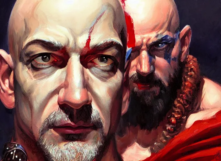 Image similar to a highly detailed beautiful portrait of jeff bezos as kratos, by gregory manchess, james gurney, james jean