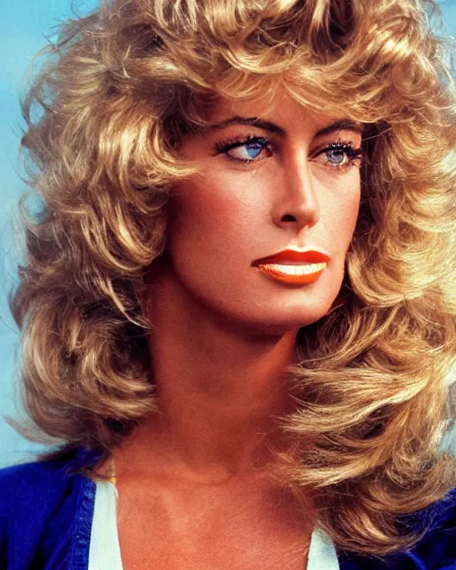 Image similar to closeup portrait of a beautiful young farrah fawcett in a sports illustrated photoshoot, rim lighting, glamour pose, hyper realistic, soft lighting,,, hd, octane, arney freytag!!!