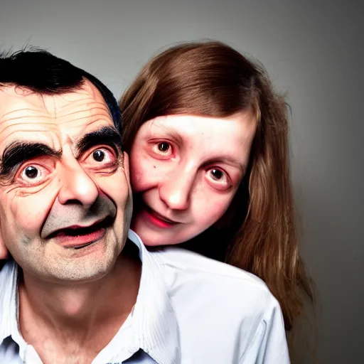 Image similar to A portrait mr bean elizabeth teams up with a teenage mr bean, perfect faces, 50 mm, award winning photography