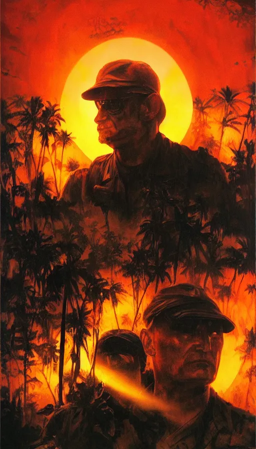 Prompt: vladimir putin's face close up on the apocalypse now poster, red sunset, snake river in the jungle, black helicopters, air brush, oil paint, radiant light, caustics, heroic, bright iridescent light, by gaston bussiere, bayard wu, greg rutkowski, maxim verehin