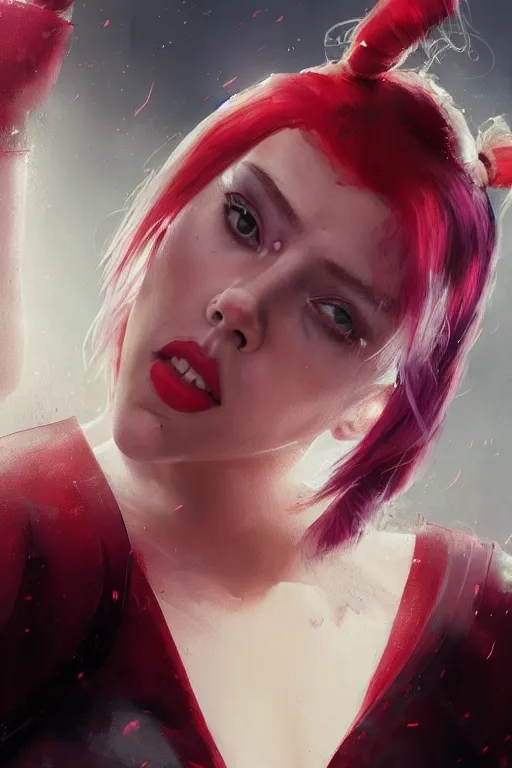 Prompt: a portrait of a Scarlett Johansson as Harley Quinn by Greg Rutkowski, Sung Choi, Mitchell Mohrhauser, Maciej Kuciara, Johnson Ting, Maxim Verehin, Peter Konig, final fantasy , mythical, 8k photorealistic, cinematic lighting, HD, high details, atmospheric,