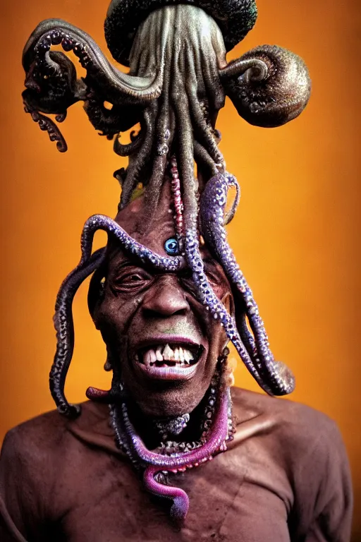 Image similar to A wideangle colorchrome shot of a old screaming voodoo priest with a octopus on his head and the tentacles around his body, low light, style by Steve McCurry, scary, evil looking, wide angle shot