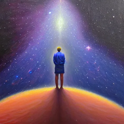 Prompt: small figure looking up at a giant figure, facing the darkness galactic nebular astral realm sacred journey in oil painting, trending on artstation, award winning, emotional, highly detailed surrealist art