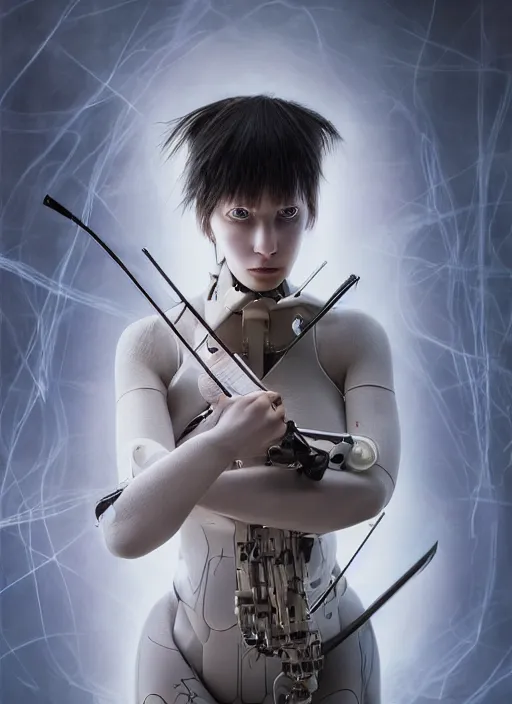 Image similar to portrait of a futuristic female violinist cyborg, in the style of ghost in the shell, kintsugi, modern fine art, fractal, intricate, elegant, highly detailed, digital photography, subsurface scattering, by jheronimus bosch and greg rutkowski,