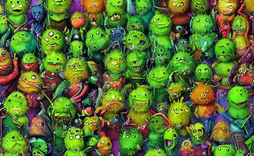 Image similar to an army of different cute green tennis ball monsters, colorful, digital art, fantasy, magic, chalk, trending on artstation, ultra detailed, detailed, fine details, professional illustration by basil gogos