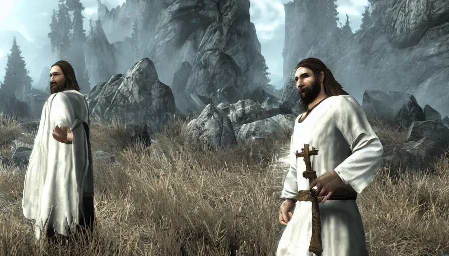 Image similar to skyrim character screenshot of jesus christ wearing a white robe, enb, 4 k, bokeh, beautiful, detailed