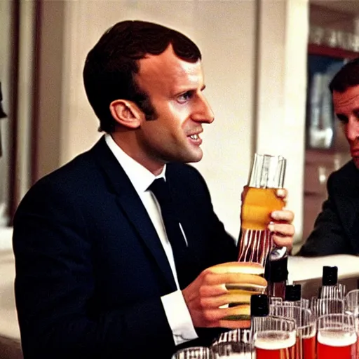 Prompt: Emmanuel Macron drinking beers in American Psycho (1999)