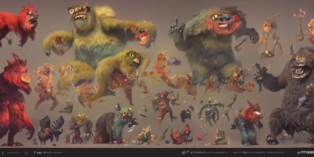 Image similar to big friendly furry monster design, colorful, character sheet, concept design, greg rutkowski, zabrocki, karlkka, jayison devadas, trending on artstation, 8 k, ultra wide angle, zenith view, pincushion lens effect