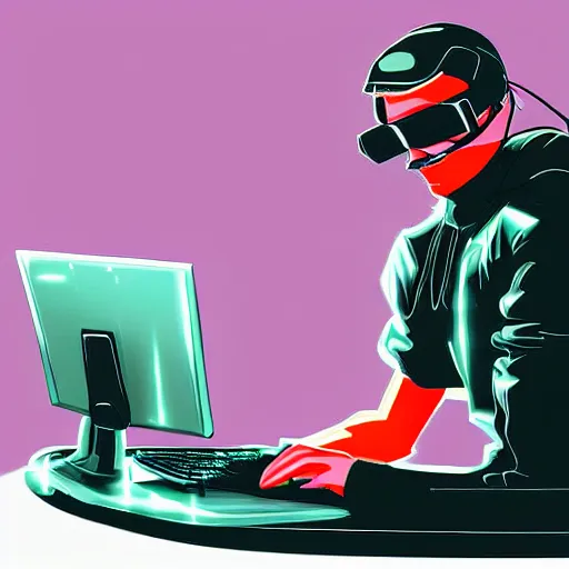 Prompt: cyberpunk hacker at a computer grinning at the screen digital art