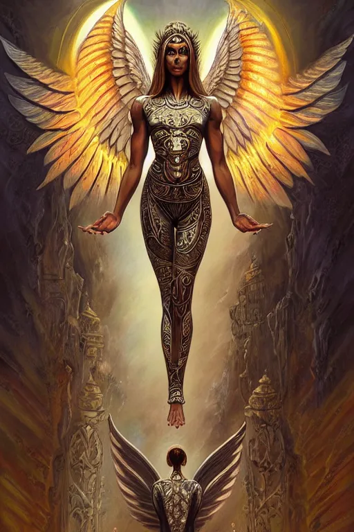 Prompt: angel doing yoga in temple, angel is wearing a t - shirt with metal band logo, fantasy, intricate, elegant, highly detailed, digital painting, artstation, concept art, matte, sharp focus art by boris vallejo, smooth, sharp focus, illustration