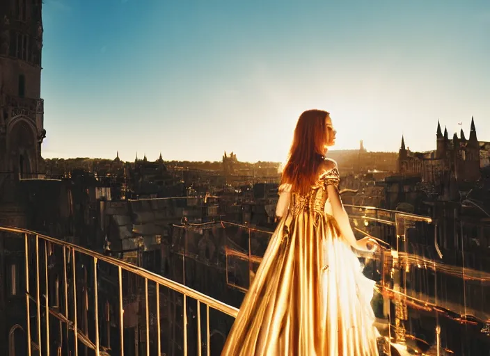 Image similar to a beautiful queen stands on a balcony overlooking a fantasy medieval gothic city, beautiful dramatic golden light and glow rays, 3 5 mm photography