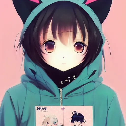 Premium Photo  Anime girl with cat ears and hoodie in a city